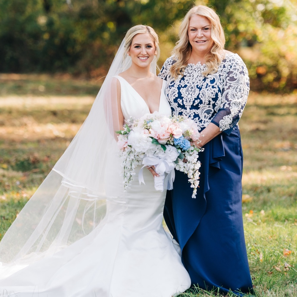 JJ’s mother of the bride navy and white dress